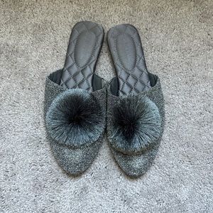 JustFab Sparkly Silver Mule Slippers with Gray Fringe Pom Size 9